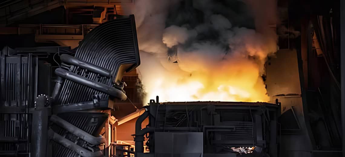 Industrial metal casting process with molten metal pouring and smoke emissions.