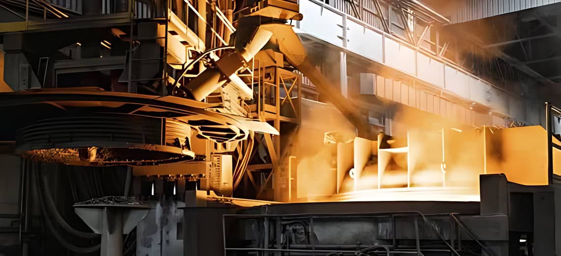 Industrial furnace with molten metal and glowing heat in factory setting.