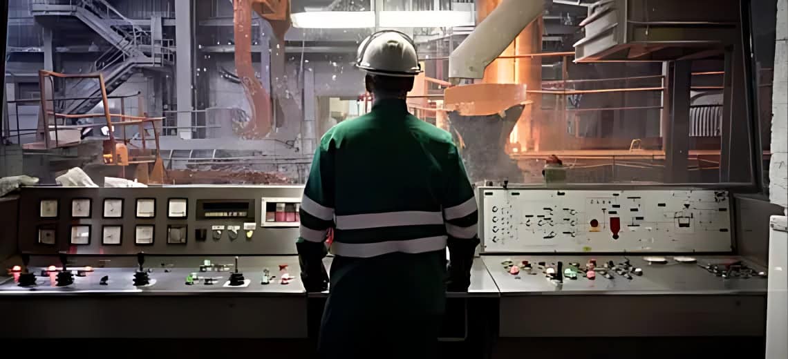 Control room operator overseeing industrial manufacturing operations.